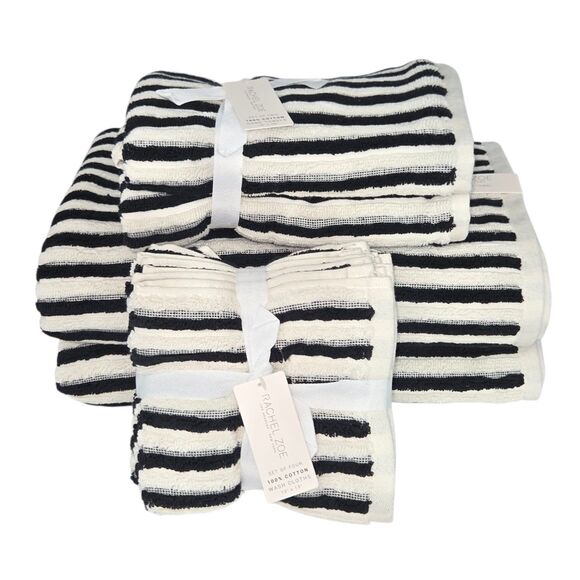 Rachel Zoe 8pc Cream And Black Striped Cotton Towel Set 2 Bath 4 Wash 2 Hand‎ - Picture 13 of 16